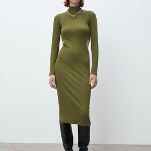 Zara Ribbed cut out long sleeve mock neck midi dress